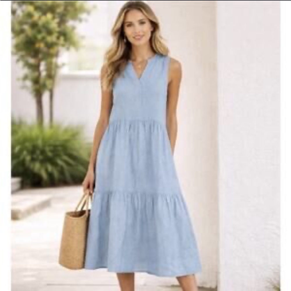 Bellambra Made in Italy Blue Linen Tiered Midi Dress (Sm)